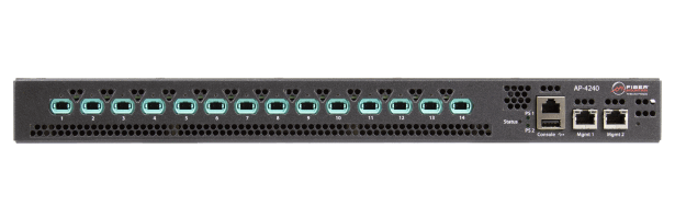 optical-path-exchange-opx Sleek black Optical Path Exchange OPX layer1 switch with 14 MPO 24 port connectors supporting multimode cables, console ports