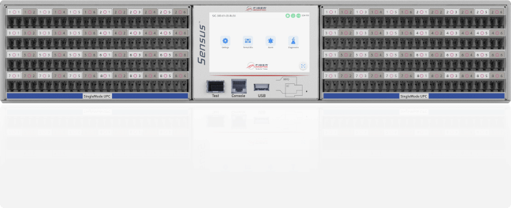 Group 238 Front view of white Sensus premium patch panel in blue color Single mode UPC on left right patching modules & LCD in center