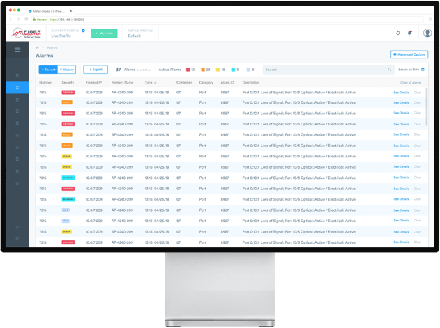 image A computer monitor displaying All Path Director UI's alarms feature listing colorful alarms generated on different occasions